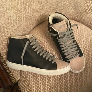 P448 black leather and suede side zip high top sneakers!